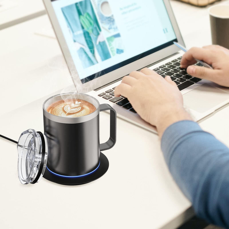 Coffee Warmer with Mug Set, USB Powered Heated Cup with 10H Auto Shut-Off, 131℉ Self Heating Coffee Mug for Desk (Black-12oz)