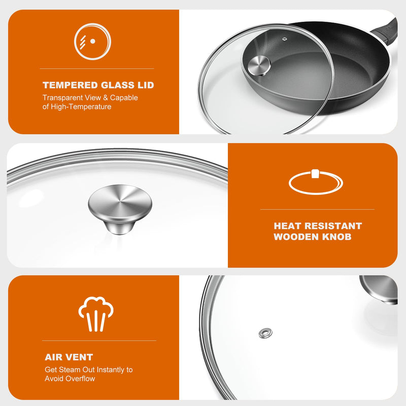 13" Glass Lid - Versatile Round Tempered Glass Replacement for 13 inch Frying Pans, Pots, Skillets, Dutch Ovens - Dishwasher Safe and Oven Safe up to 400°- Stainless Steel Knob Silvery