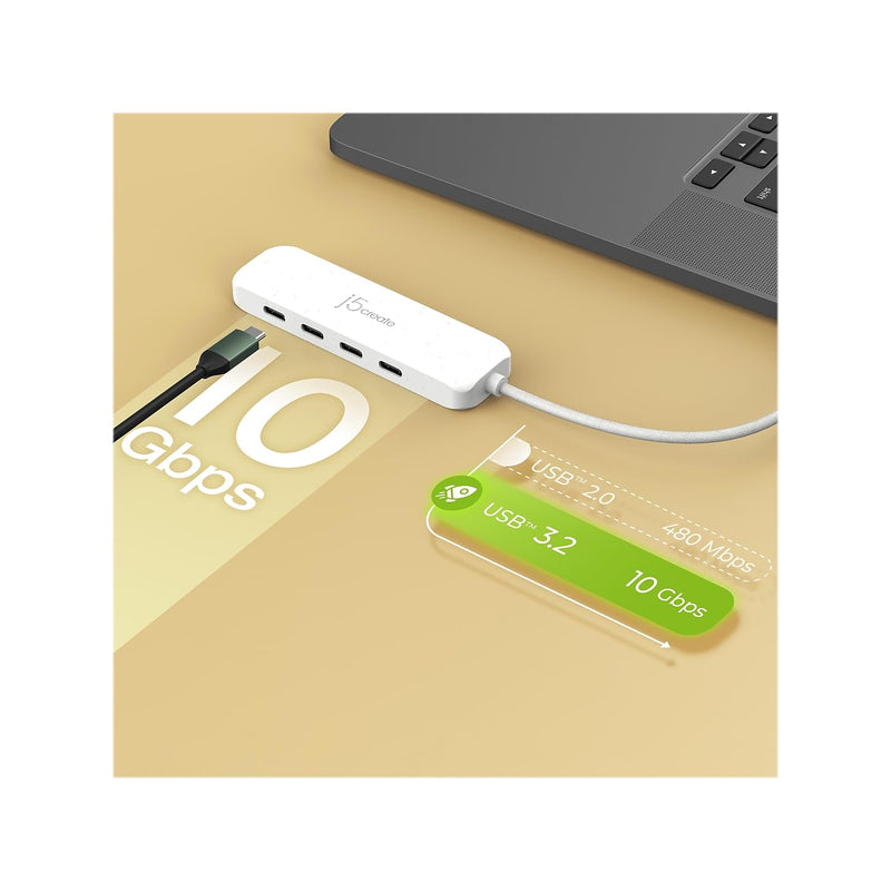 j5create 4-in-1 USB-C to 4-Port 10Gbps Type-C Hub, Eco-Friendly, Compatible with MacBook Pro, MacBook Air, iPad, Mac mini, Windows Laptop, and More(JCH345EW) Natural White