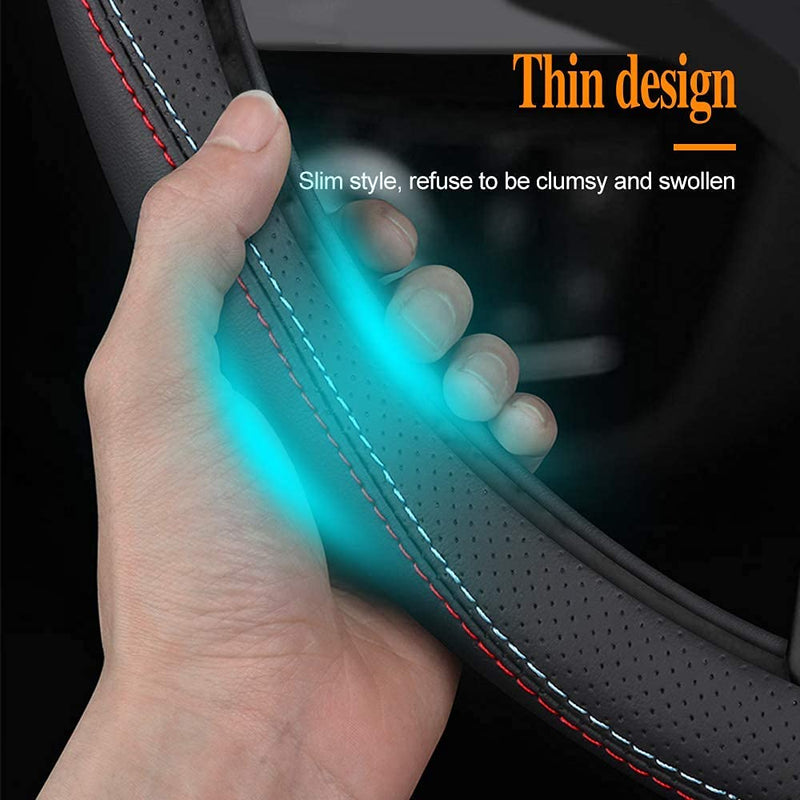 Carodi Latest Nappa Leather car Steering Wheel Cover, Stylish Non-Slip Leather car Interior 15 inches Universal (D-Shape,Black) D-Shape,Black (red and blue lines)