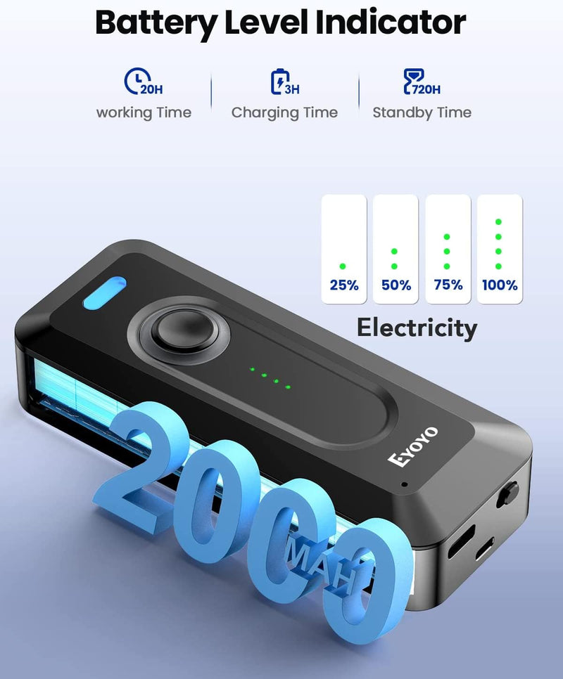 Eyoyo 2D Bluetooth Barcode Scanner Wireless with Clip, 2000mAh Battery with Level Indicator, Portable Mini QR Bar Code Reader for Library Book Inventory Compatible with iPhone, iPad, Android Phone Black