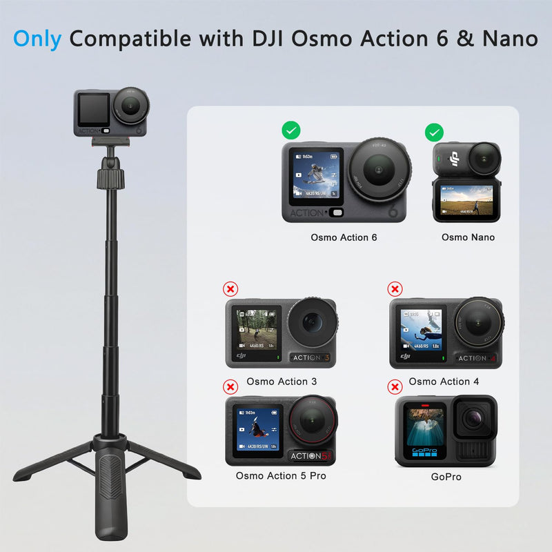 15.75'' Reinforced Selfie Stick Tripod for DJI Osmo Action 6/Nano | 3-Keel Enhanced Extendable Tripod, N55 Magnetic Mount, Ultra Light Portable Vlogging Pole Handle Grip for Travel Shooting