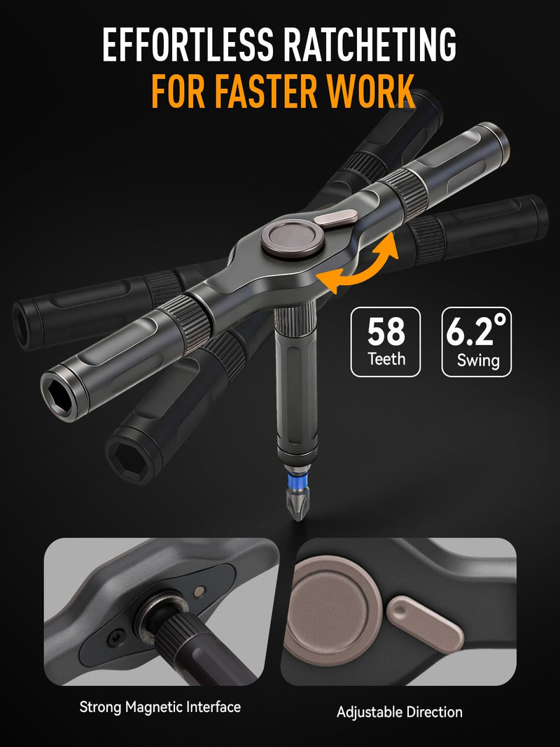 DISEN 68 in 1 Ratcheting Screwdriver Set, 58-Tooth T-Handle with Magnetic Pickup & Pad, 42 S2 Steel Bits, Magnetic Case, Repair Kit for Electronics, Laptop, PC, Game Console, Furniture, Bike 68PCS