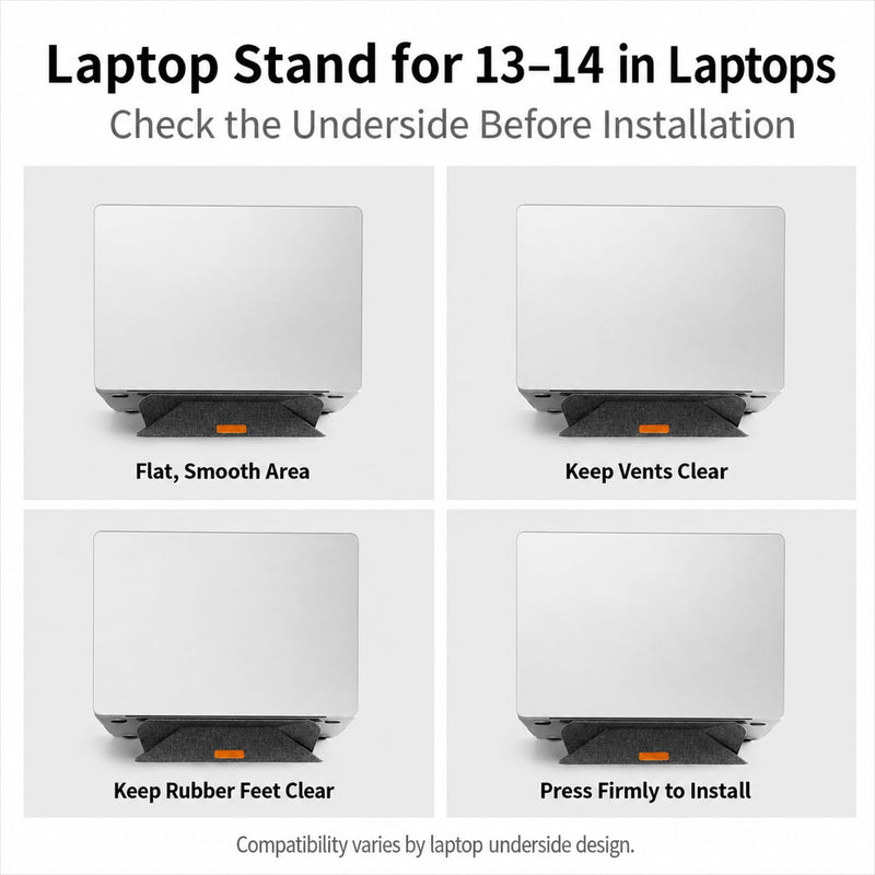 Adhesive Laptop Stand for Desk, Foldable Dual-Angle, 13–14 in | 0.1 in thin, 15°/25° dual-angle support, reusable adhesive, up to 11 lb, with 2 anti-slip pads