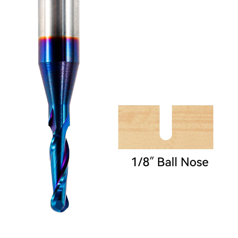 2 PCS CNC Router Bits 1/4inch Shank 1/8inch Cutting Dia Carbide Ball Nose End Mill with Nano Blue Coating for Side Milling End Milling, Finish Machining (1/8"x1/4"x2")… 1/4"Shank-1/8"Cut Dia-2"OAL(2 pcs)