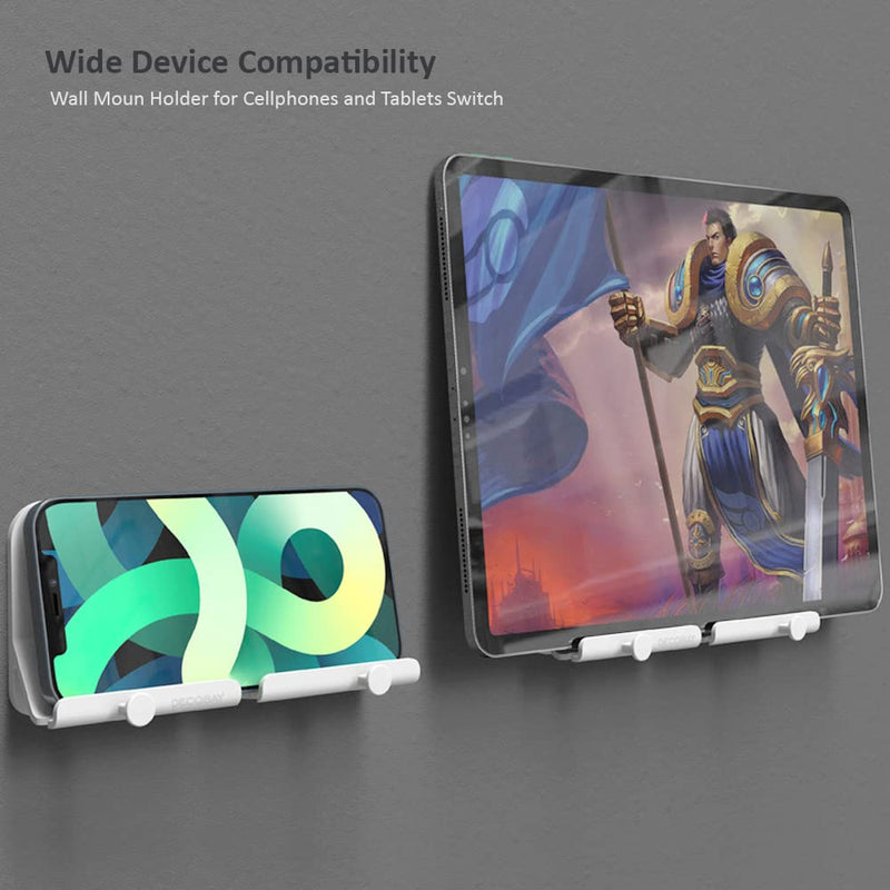 D2 Wall Mount Phone Holder, Hands Free Phone Holder with Adhesive and Data Cable Receiving Hole for Shower, Charging, RV, Compatible with iPhone, Smartphone Cables, Keys and More (White)