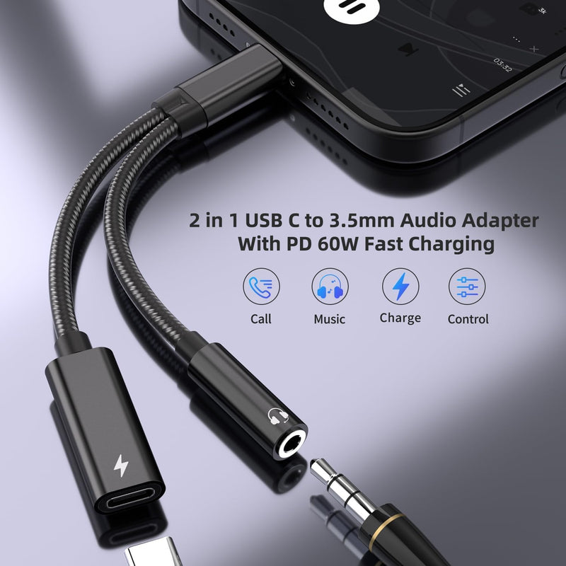 2 Pack USB C to 3.5mm Headphone and Charger Adapter, 2 in 1 Hi-Res 32bit/384kHz Aux to USB C with Safe PD 60W Fast Charging Dongle Cable for iPhone 17/16, Galaxy S26/S25, Google Pixel 10/9, and more Black-2 Pack