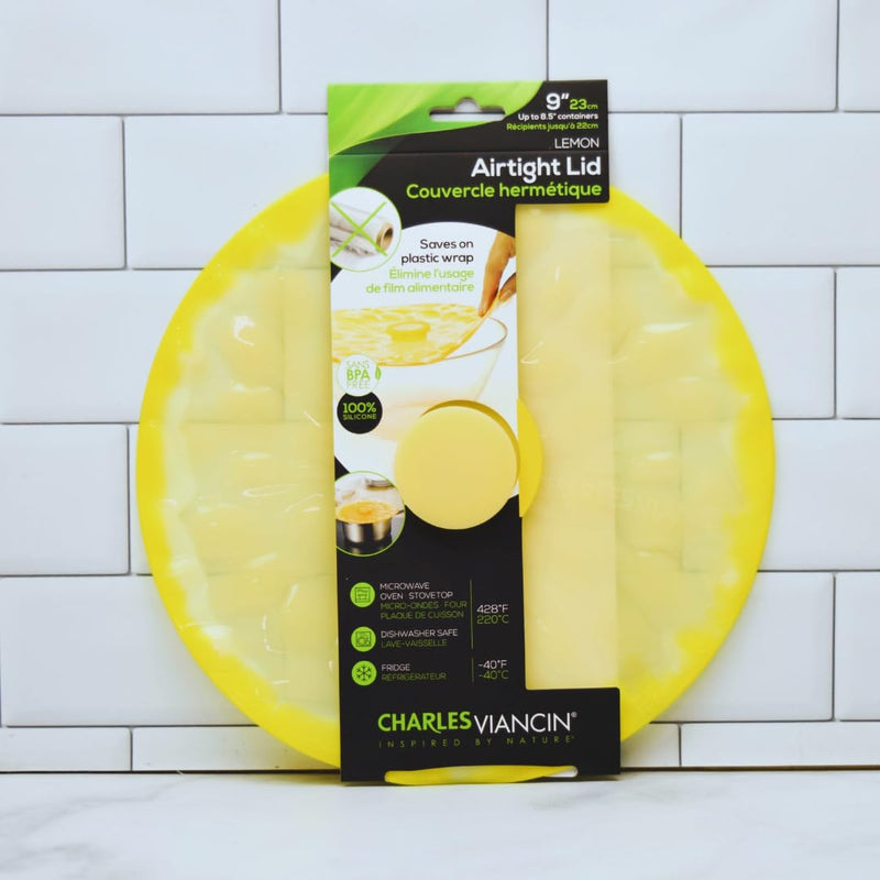 Charles Viancin - Lemon Silicone Lid for Food Storage and Cooking - 9''/23cm - Airtight Seal on Any Smooth Rim Surface - BPA-Free - Oven, Microwave, Freezer, Stovetop and Dishwasher Safe 9 Inch Lemon