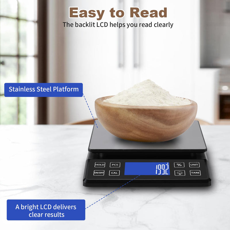 Digital Kitchen Scale with 0.1g/0.001oz High Precision, 5kg/11lb Food Bakery Scale with% Percentage Function, Tare Function, USB Rechargeable or AAA Battery Power, Stainless Steel Pan Black