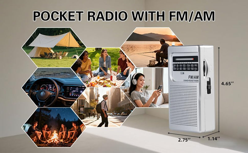 Portable Radio|AM FM Receiver Pocket Radio|2AA Battery Operated|USB-C Charge|Mini Transistor Radio for Gift, Family, Elder|3.5mm Earphone Jack(Model R-21RG)