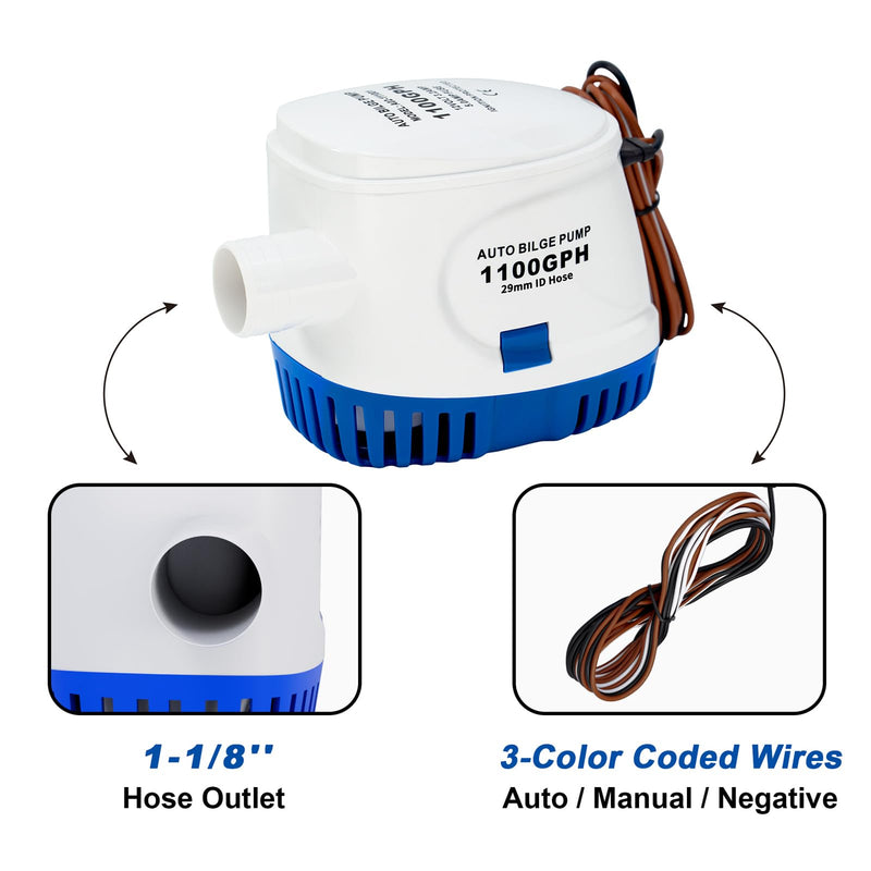 Sanuke 1100GPH Automatic Bilge Pump 12V, Submersible Auto Water Pump with Built-in Float Switch, 29mm (1-1/8") Outlet, Marine Bilge Pump for Boats, Ponds, Pools, Caravan RV | Self-operated Bilge Pumps for Boats, Built-in Float Switch, Low Noise, Electr...