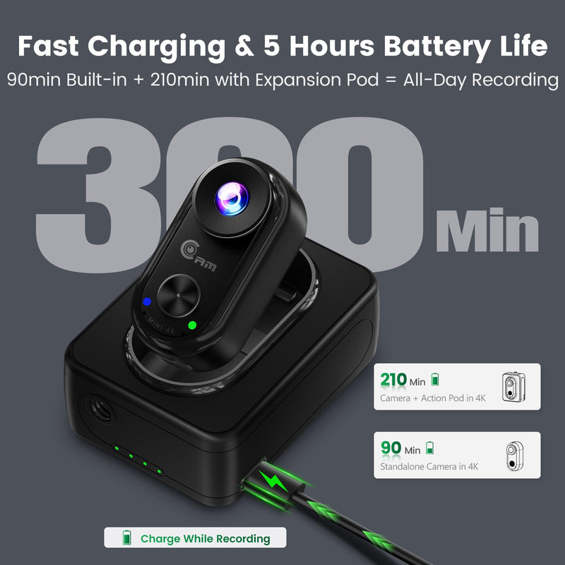 4K Mini Action Cam – Magnetic BodyCam with WiFi, Thumb-Size Wearable POV Camera, 6-Axis Stabilization, Expandable Battery, Hands-Free Recording Vlog Camera for Motorbike/Travel/Pets/Helmet Black