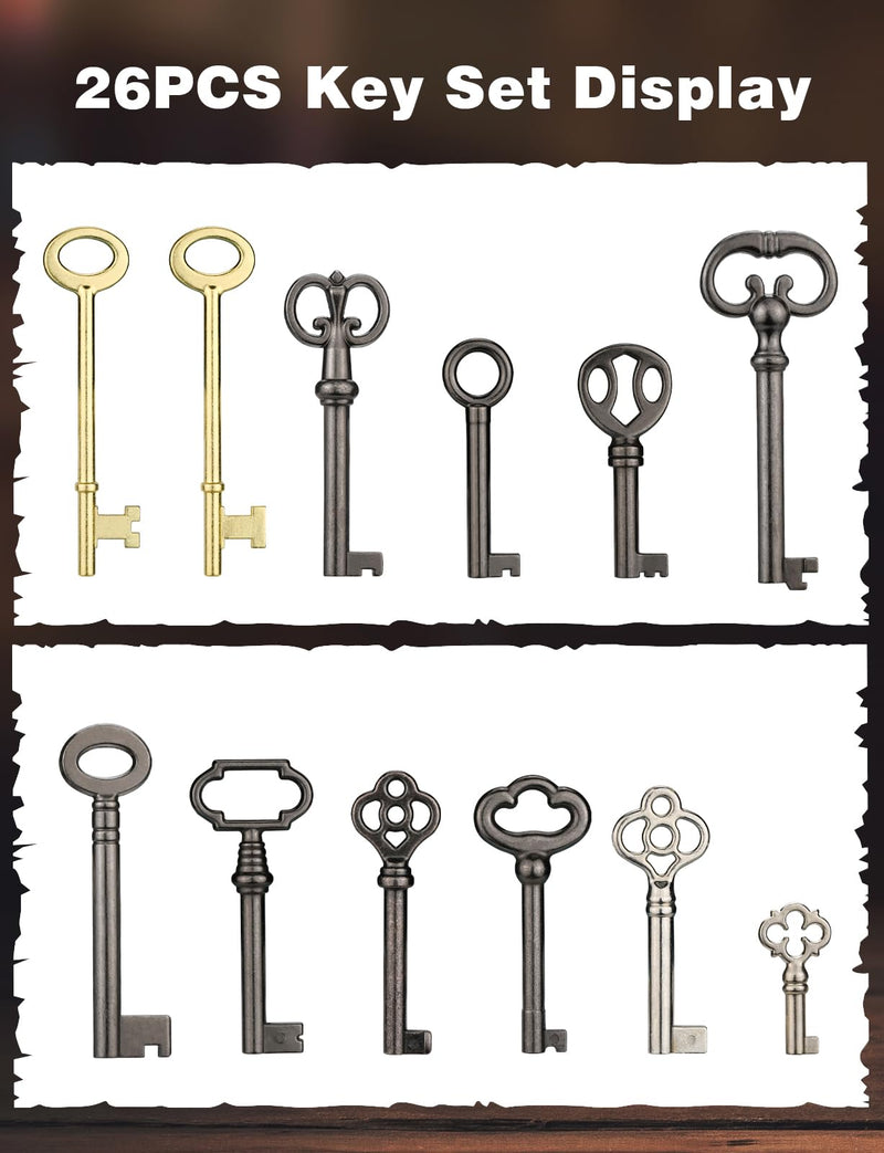 Mellbree Skeleton Key Set, 26-Key Universal Replacement Skeleton Keys Kit for Antique Dresser, Chinese Cabinet, Antique Furniture and Old Style Cabinets or Doors, Collectible Gift 0.6-2.6 inches