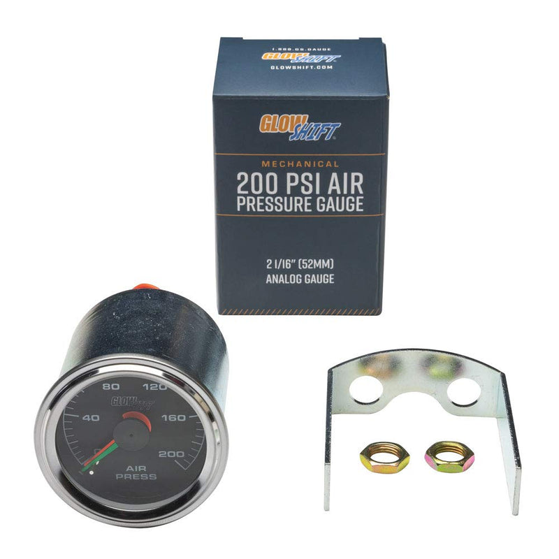GlowShift 200 PSI Mechanical Dual Analog Air Pressure Gauge for Air Ride Suspension Systems - Black Dial - White LED Backlit - Clear Lens - Red & Green Needles - 2-1/16" 52mm