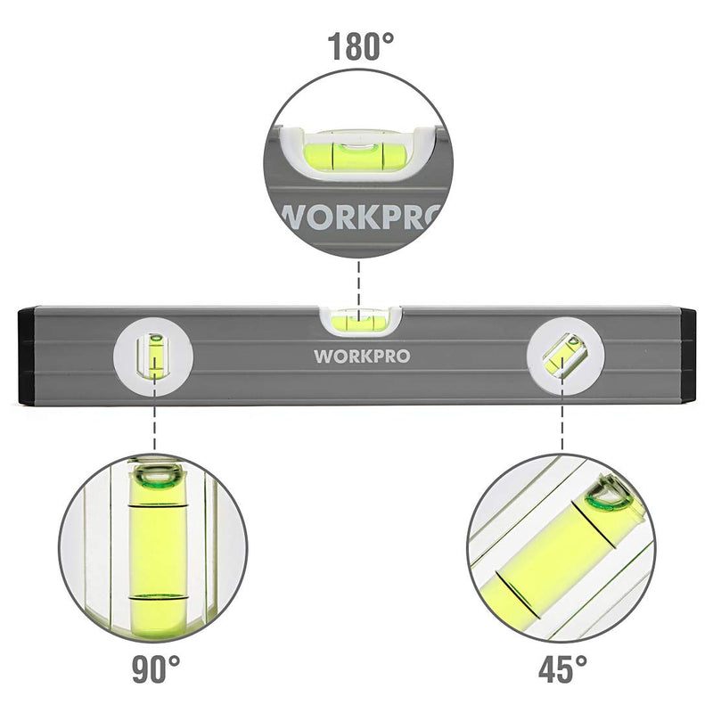 WORKPRO Torpedo Level, 3-Piece Spirit Level Set, 9"(Magnetic), 16"(Non-magnetic), 24"(Non-magnetic), Bubbles Measuring, Clear