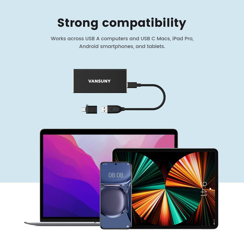 Vansuny 2TB Portable External SSD, USB 3.1 Gen2 Up to 500MB/s Solid State Drive, Metal USB C Mini Portable External Hard Drive for PC, Laptop, Phones and More Black