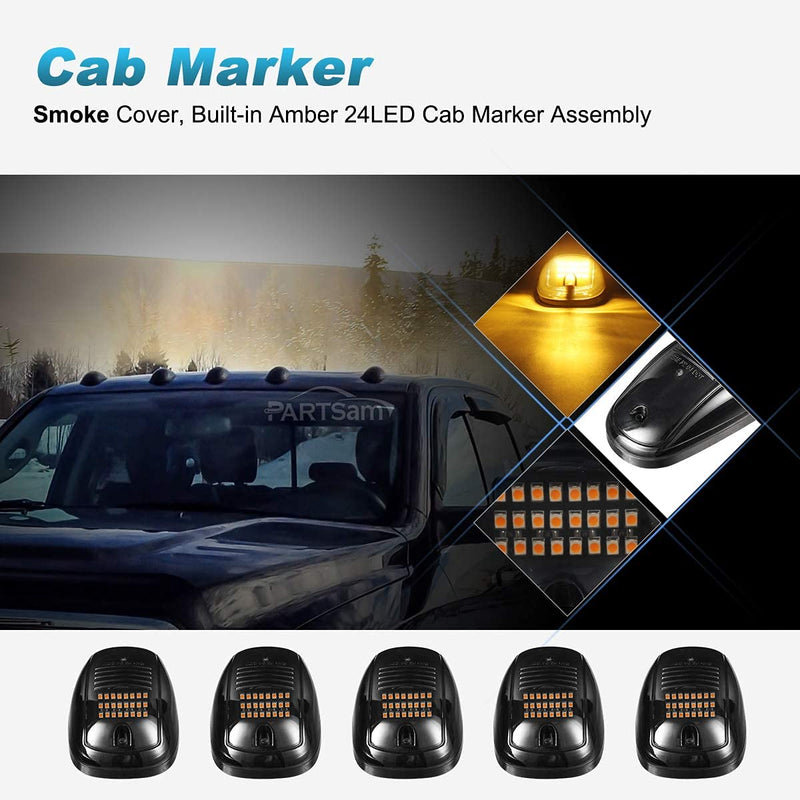 Partsam 5X Amber 24 LED Smoke Cab Roof Running Top Marker Lights 264146BK Assembly Wire Harness Replacement for 1500 2500 3500 4500 5500 2003-2018 Pickup Trucks