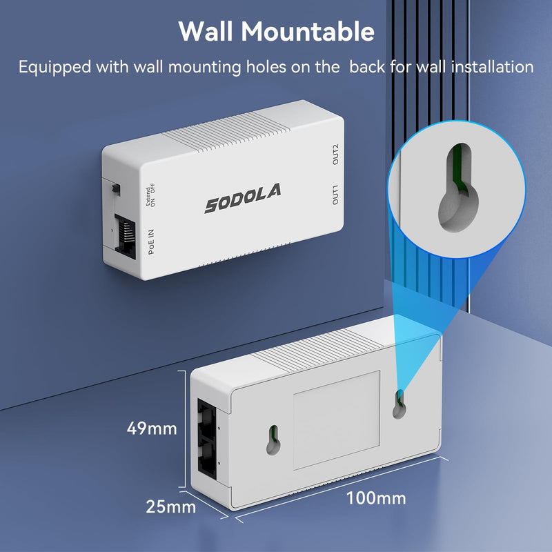 SODOLA 2 Port PoE Extender 100Mbps, POE Repeater 1 to 2 Poe Splitter with IEEE802.3af/at with 100Mbps, 4KV Lighting Protection Plug&Play 48V 30W POE Passthrough Switch for Security Systems IP Camera SL-AFR-21+