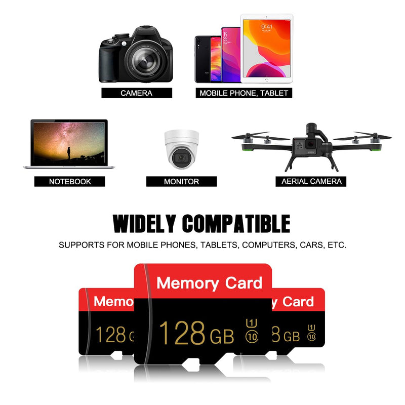 2 Pack Micro Memory Card 128 GB with Adapter, C10/UHS-I/A1, TransFlash Card, TF Card for Camera, Smartphone, Tablet, Drone (Red 128GB*2-S1)