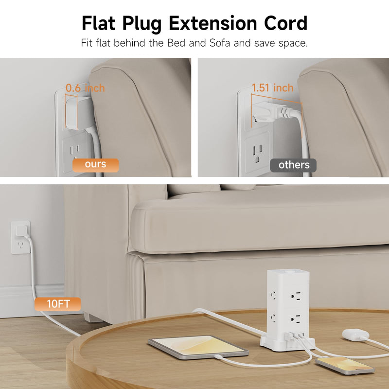 Power Strip Tower with 8 AC Outlets 4 USB Ports (2 USB-C), Surge Protection 3M Extension Cord Flat Plugs Charging Tower for Home Office Desk, White