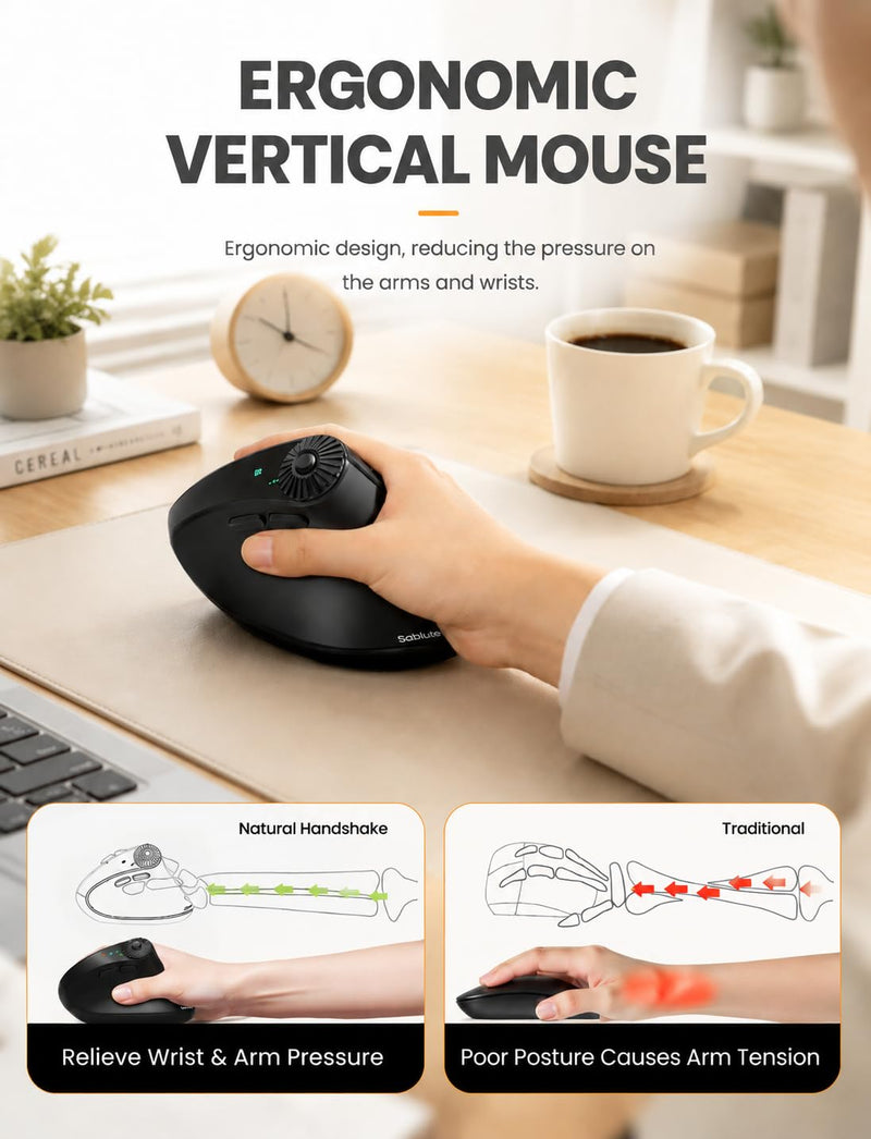 SABLUTE MAM51 Ergonomic Mouse, Bluetooth Mouse with Side Scroll Wheel | Wireless Mouse for Small to Medium Hands, High 4000 DPI, 8 Buttons, Bluetooth/2.4GHz Vertical Mouse for Windows, Mac Black