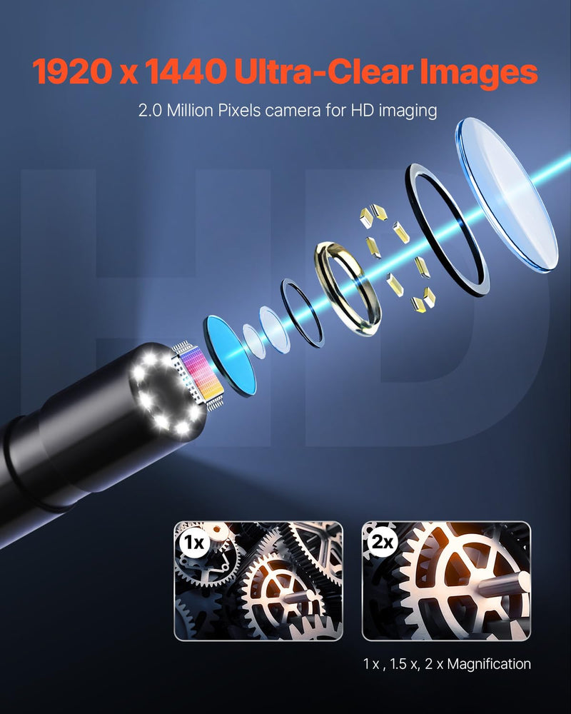 VEVOR Endoscope Camera with 49.2FT Semi-Rigid Cable, 1920P HD Borescope for Android & iOS, Industrial Inspection Tool with Light - 8 LED, 2X Zoom, IP67 Waterproof Snake Camera for Auto, Plumbing