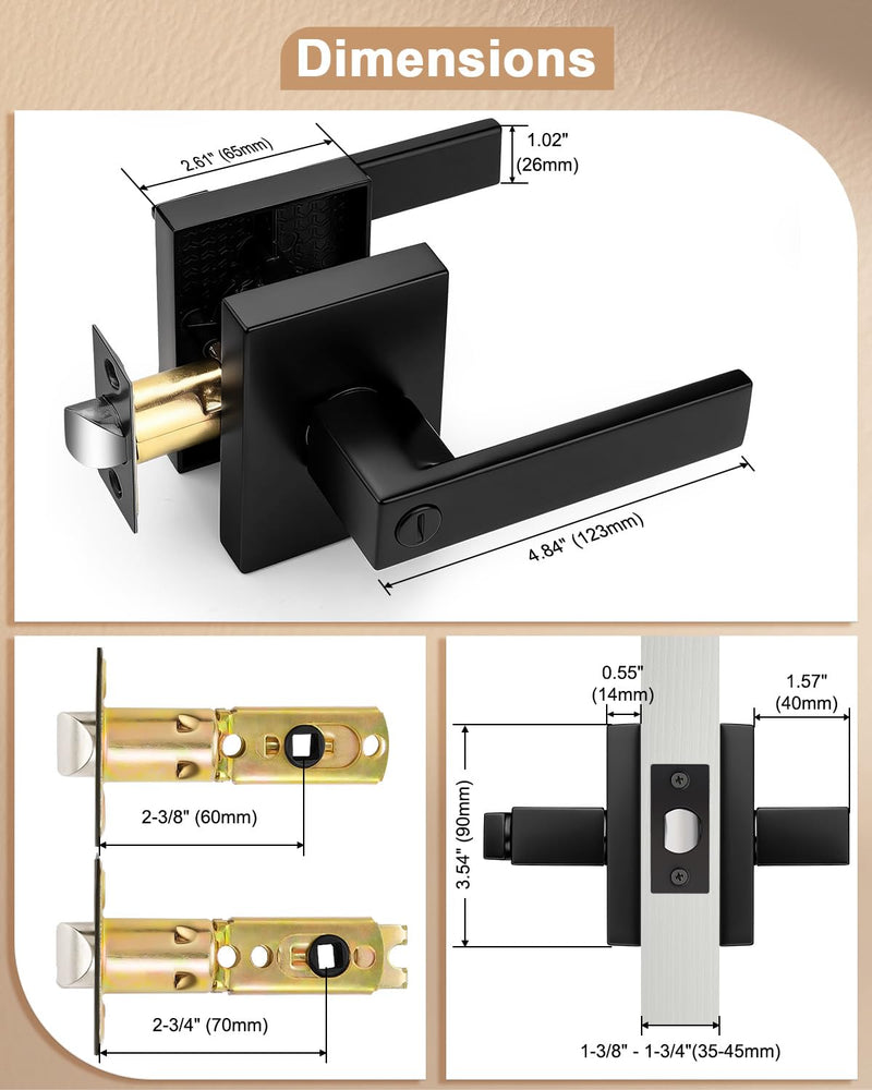 Probrico Interior Privacy Matte Black Door Handle, Long Plate Keyless Door Lever with Lock for Bedroom and Bathroom, 2 Pack