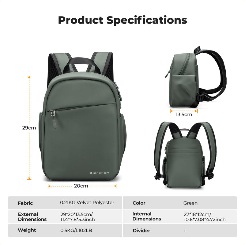 K&F CONCEPT Camera Backpack, Lightweight Compact Camera Bag 5L | Water-Resistant, Dividers, 9.7in Tablet Compartment, Quick Access, Street & Urban, Men & Women, for Canon/Nikon/Sony, Green Green-02 Backpack-5L