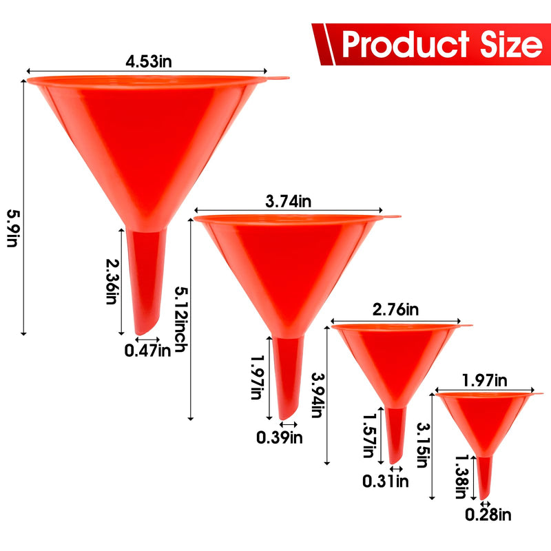 DEDC Oil Funnels, Gas Funnels, Plastic Funnel Set for Car, Automotive, Kitchen, Mini Small Large Red (4pcs Gas Plastic Funnel) 4pcs Gas Plastic Funnel