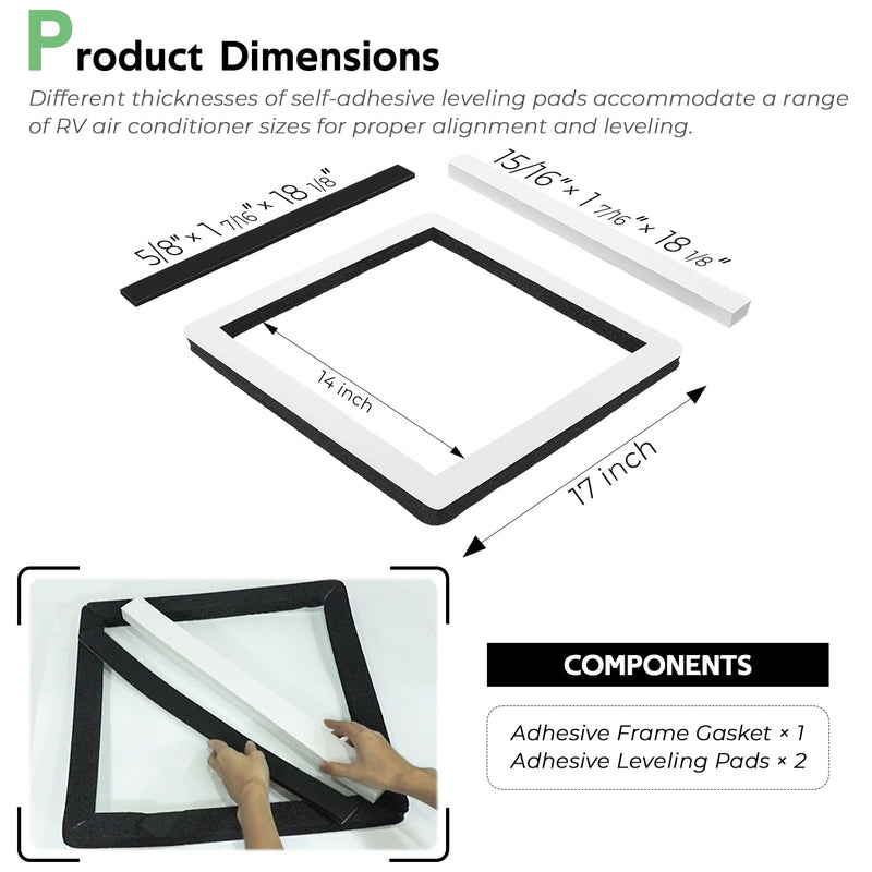 25071 Universal RV & Camper Roof Air Conditioner Gasket Kit, 14-Inch × 14-Inch Self-Adhesive Picture Frame Gasket, and Self-Adhesive Leveling Pads, Waterproof Compression Seal