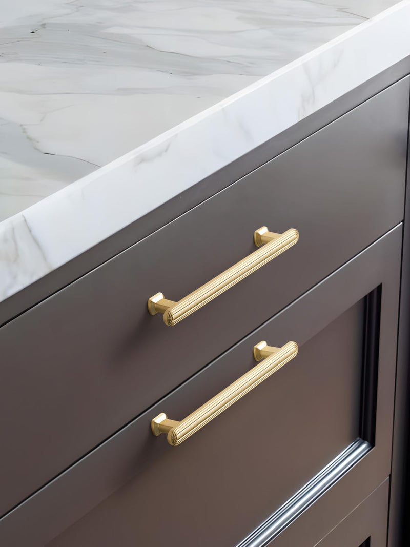 SORWDUREM 5 Pack 5 Inch(128mm) Brushed Gold Cabinet Pulls Drawer Pulls Kitchen Hardware Cupboard Kitchen Hardware Cabinet Handles 5"(128mm) Hole Center