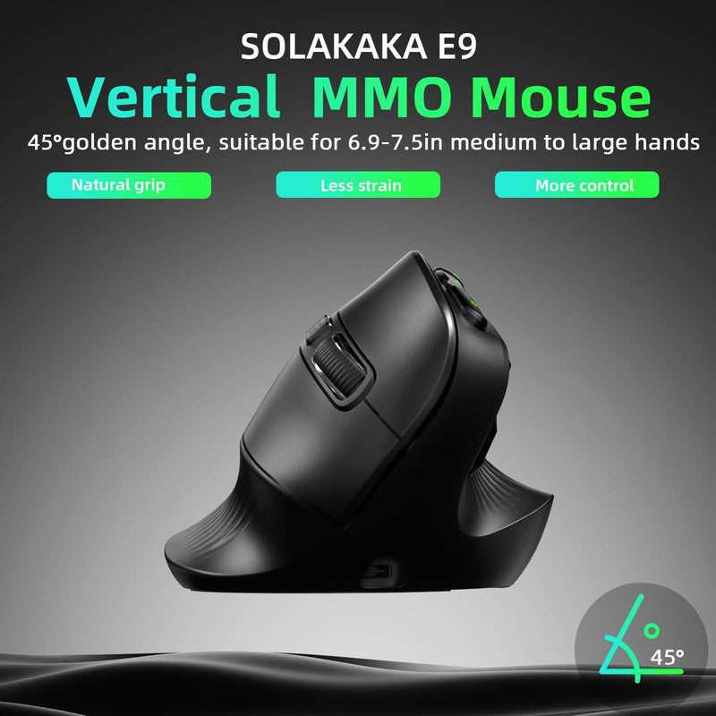 SOLAKAKA E9 PRO Ergonomic Vertical MMO Mouse with 10 Side Buttons,Black | 24800 DPI,45° Vertical Grip,Tri-Mode 2.4G/BT/USB-C,RGB,Web Driver,Programmable Macros for PC/Mac black