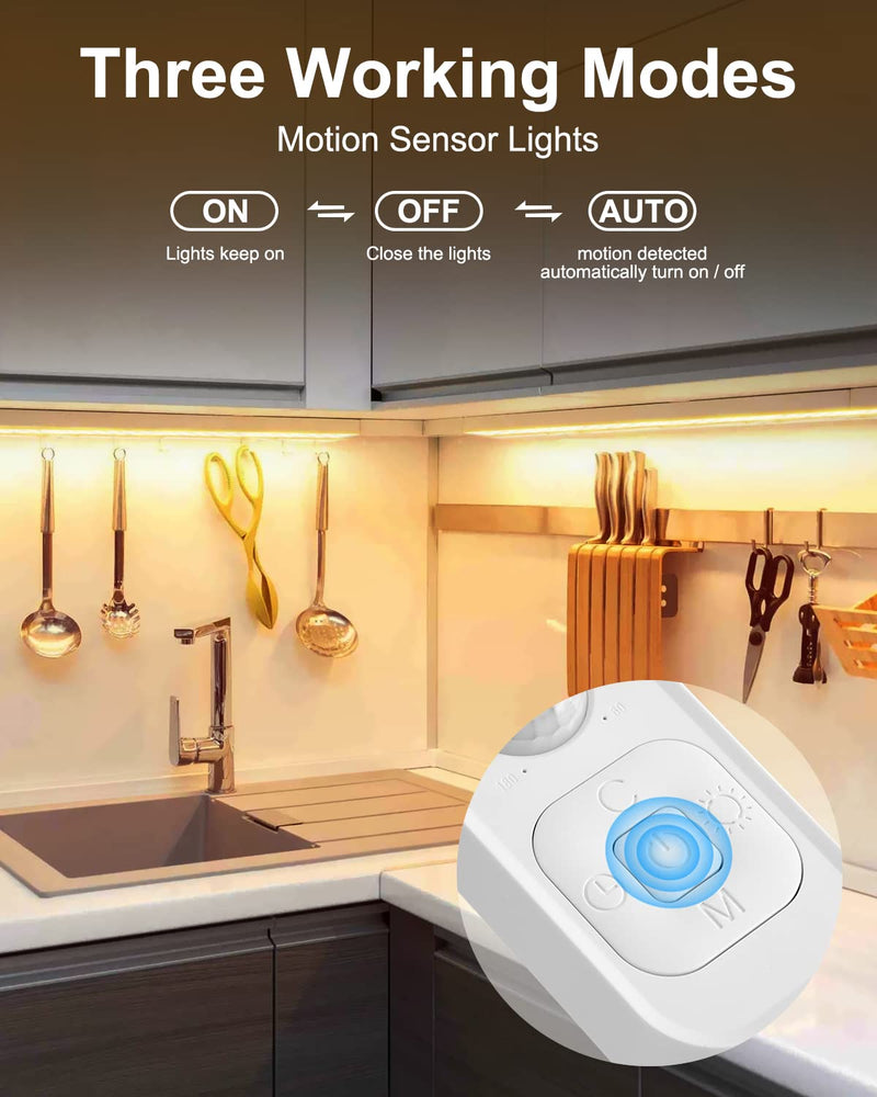 Motion Sensor LED Strip Light - Cabinet Strip Lights with 24W Plug, Dimmer, and Timing, 16.4ft for Under Cabinet, Kitchen, 3000K WarmWhite Warm White 16.4ft 2pack