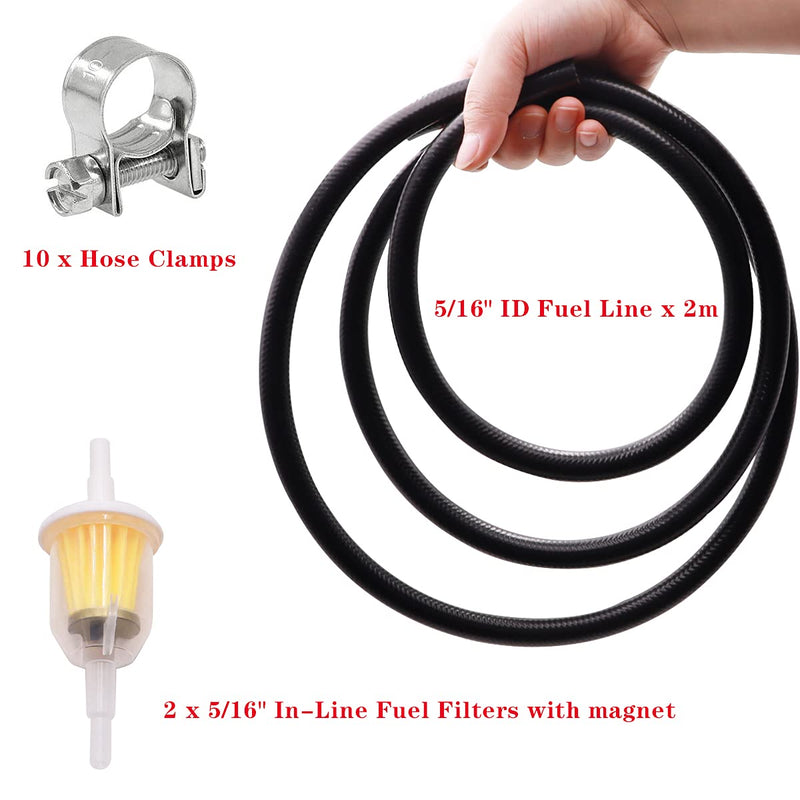 Tnisesm 1/4Inch (6MM) ID Fuel Line kits, 2 Meter/6-Foot Fuel Line + 2Pcs 1/4 Inch X 5/16 Inch Gas Inline Fuel Filters with Magnet +10 Pcs 13/32''-15/32'' Mini Fuel Hose Clamps Adjustable silver(Fuel Line Clamp) 1/4"