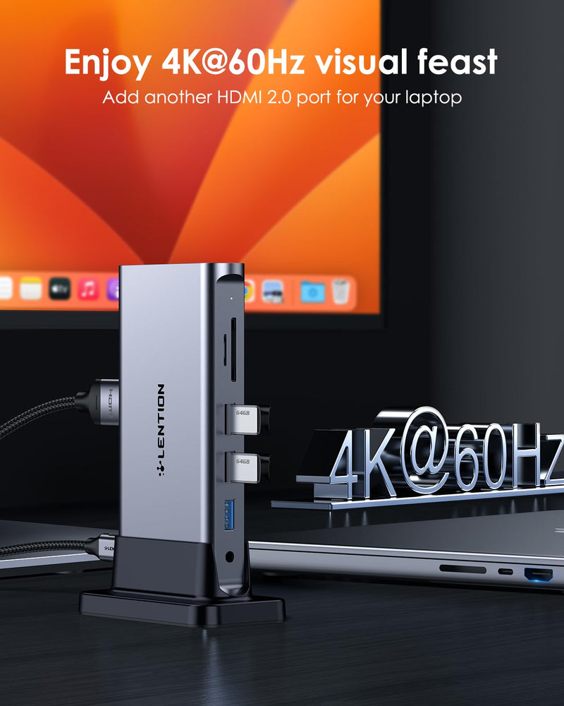 LENTION 11-in-1 USB C Docking Station with 4K@60Hz HDMI, 100W PD, Ethernet, 5xUSB 3.0, SD/TF, Vertical Space-Saving Design for MacBook Pro/Air M1/M2, Dell, HP, Lenovo, Surface Laptop (D54, Space Gray)