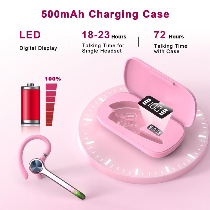 HEIBAS Bluetooth Headset, Wireless Earpiece with Mic for Work | 72H Playtime, 500mAh Charging Case, Hands-Free Calling with Mute Button for Work, Trucker, Office, Driving, iPhone, Pink