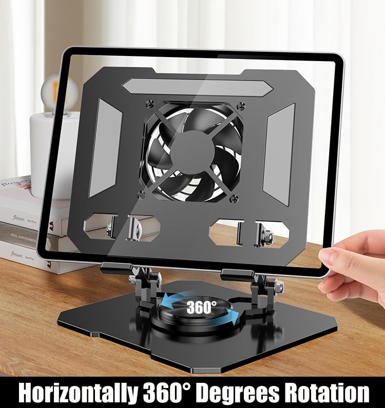 360° Rotating Tablet Desk Stand Holder with USB Cooler，Carbon Steel Frame Dual Rod Mount Support for iPad Pro 13 12 11 Air Mini 5 4 3 Samsung Tab E-Reader (Silver with Built-in Cooler) Silver with built-in cooler