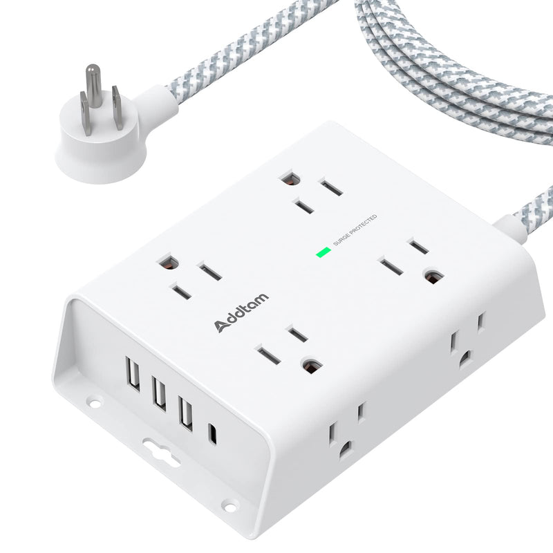 Surge Protector Power Strip - 8 Widely Outlets with 4 USB Ports(1 USB C Outlet), Addtam 3-Side Outlet Extender Strip with 5Ft Extension Cord, Flat Plug, Wall Mount for Dorm Home Office, ETL Listed 5 FT