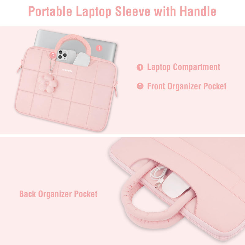 MOSISO Laptop Bag 16 inch, 15-15.6 inch Puffy Laptop Sleeve | Compatible with MacBook Pro 16/Air 15,HP Acer Dell, Messenger Briefcase Quilted Bag with Trolley Sleeve&Flower Pendant, Pink 15.6 inch