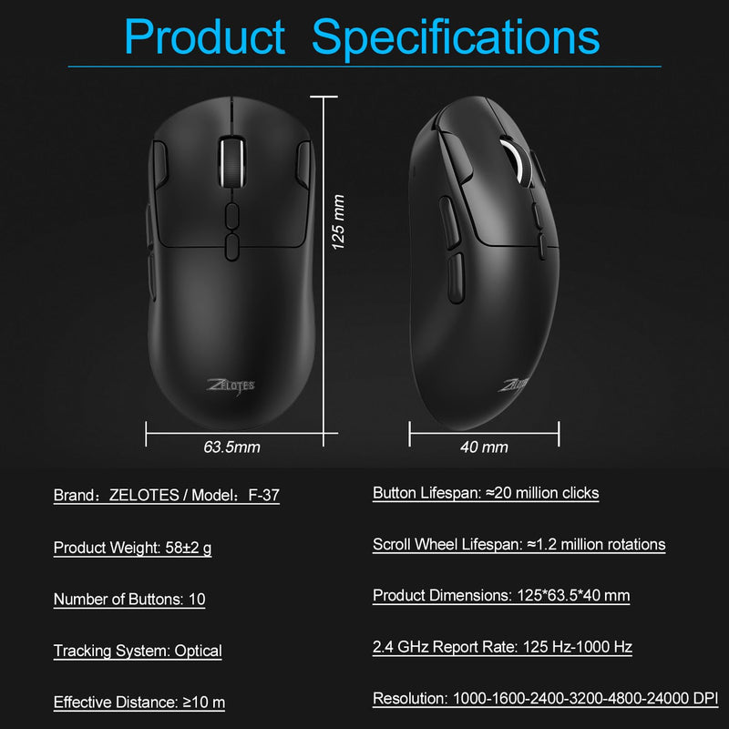 zelotes Gaming Wireless Mouse, Bluetooth Rechargeable with 9 Programmable Buttons,Ultra-Light 60g, 24,000 DPI, BT/USB 2.4G / Type-C, Ergonomic Optical Mouse for Laptop, PC,Office and Gamers (Black) Black