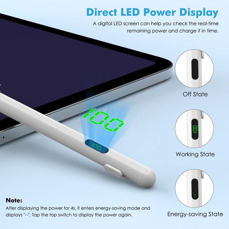 Moko Universal Capacitive Stylus Pencil for Touch Screen, White | Fast Charging, Power Display, Compatible with Apple iPad/iPhone/Samsung/Lenovo, iOS Android Tablets & All Smartphones