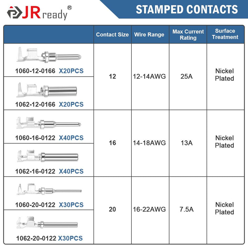 JRready ST6441 Deutsch Contact Kit, Deutsch Stamped Pin, Open Barrel Contacts Kit Size 12 16 20 Male Pins and Female Sockets Support Wire Guage 22-12AWG for DTP, DT, DTM Series Connectors 180pcs 12# 20pairs+ 16# 40pairs+ 20# 30pairs