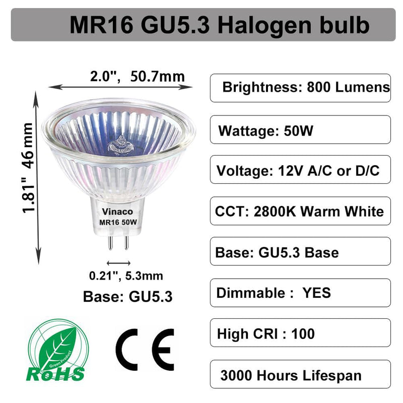 Vinaco MR16 Bulb，10Pack MR16 Halogen Bulb 50W GU5.3 Base, 800LM High Output MR16 12V 50W Halogen, 2800K Warm White MR 16 Dimmable with Clear Glass Cover, MR 16 GU5.3 for Landscape, Track Lights 50W- 10 Pack
