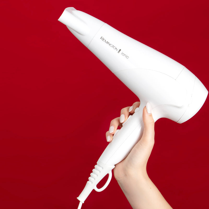 Remington Hair Dryer, Ionic Conditioning, 2200W, 3 Heat & 2 Speed | Frizz-Free, Shiny Results, Includes Diffuser and Concentrator attachments, 2 Speed Settings for Versatile Styling White