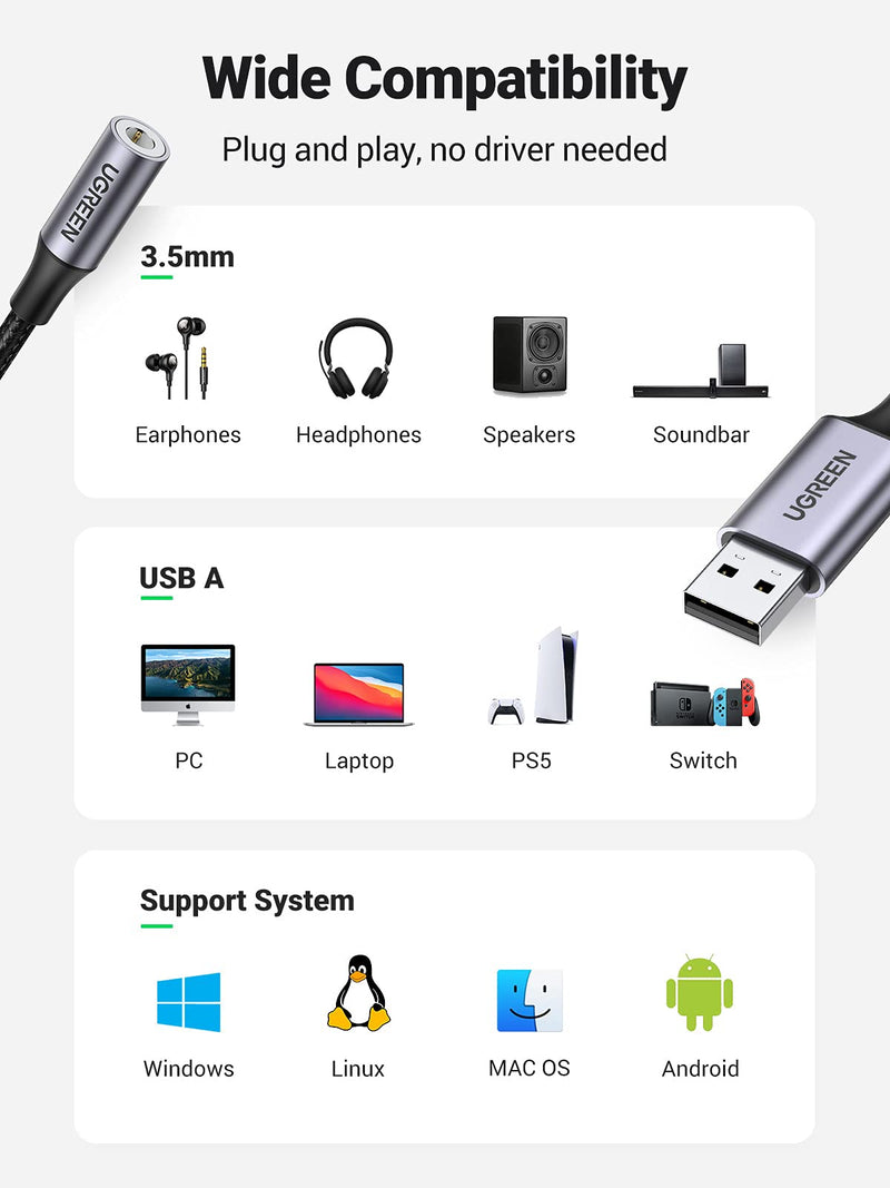UGREEN USB to 3.5mm Jack Audio Adapter Sound Card Support Mic TRRS Headphone DAC 24bit 96kHz Nylon Braided USB to Aux Jack Compatible with Windows Mac Linux PC PS5 PS4 Switch 2 Speaker, 9.8 Inch