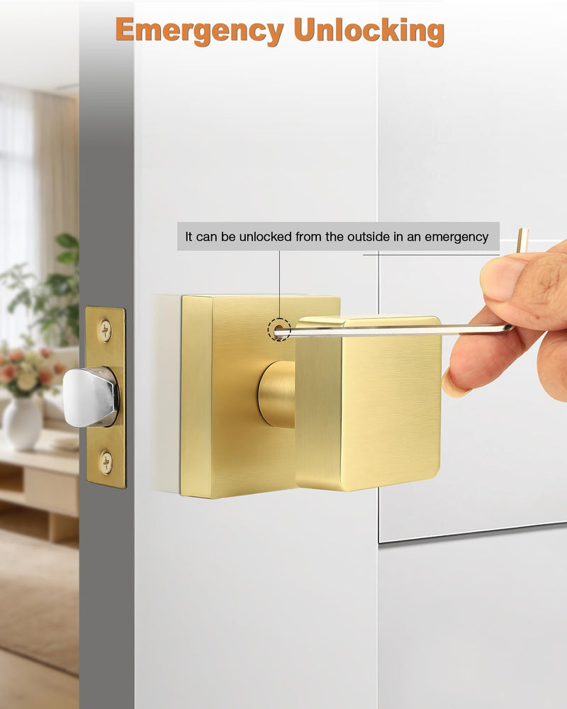 Probrico 1 Pack Gold Square Door Knobs, Modern Heavy Duty Design Door Handle for Bedroom Bathroom, Keyless Privacy Interior Door Knob with Lock