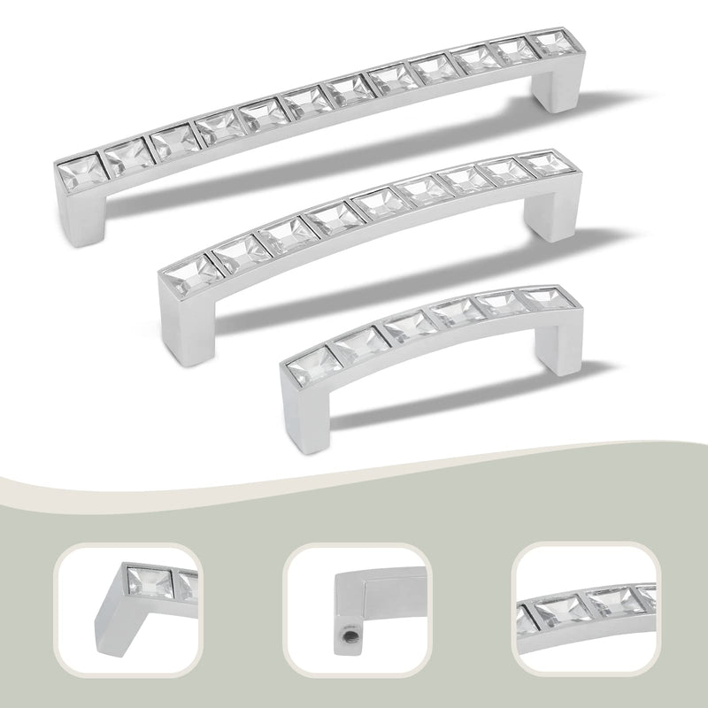 Bivethoi Crystal Drawer Pulls, Rhinestone Handles, 96mm / 3.78" | 10 Pcs, Silver Zinc Alloy, For Kitchen Cupboard Bedroom, Hole Centers 3.78"/96mm,10pcs