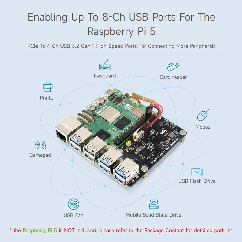 Waveshare PCIe to 4-Ch USB3.2 Gen1 Board (C), Compatible with Raspberry Pi 5, Up to 5Gbps Transmission Speed, No Driver Required, Plug and Play