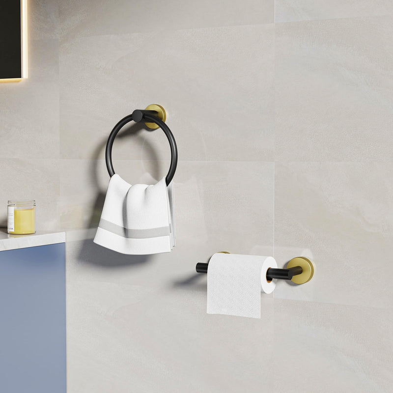 Black and Gold Toilet Paper Holder & Towel Holder, Bathroom Hardware Set-SUS304 Stainless Steel Double Post Pivoting Tissue Roll Holder and Hand Towel Ring Set for Bathroom, RV Black Gold