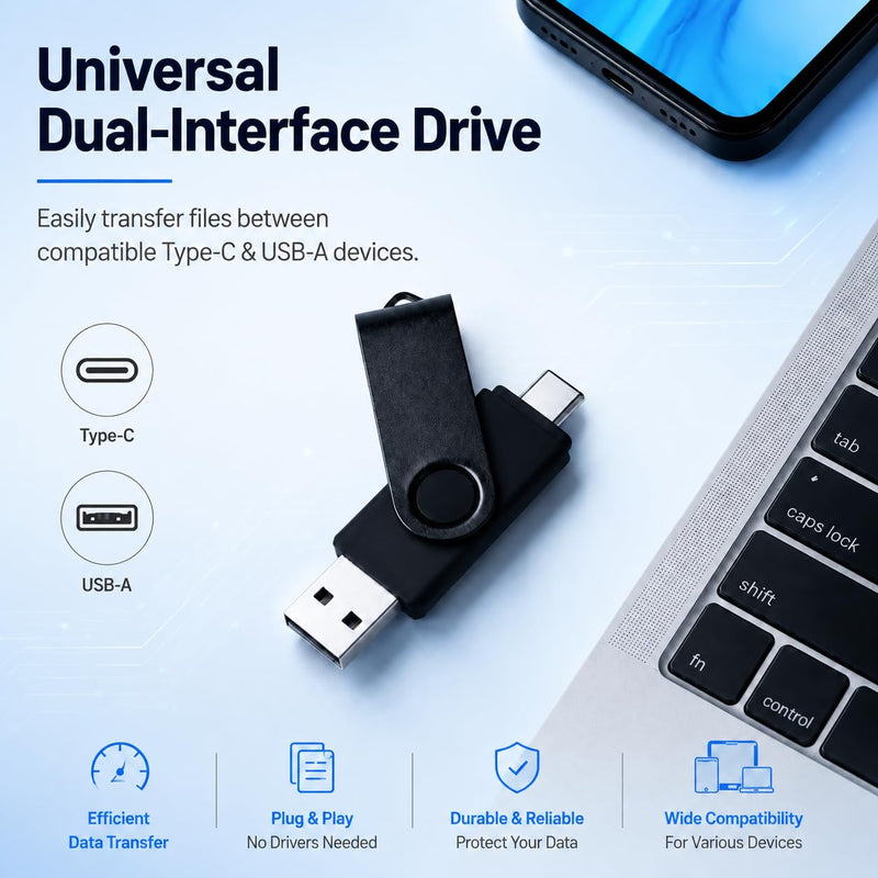 USB Flash Drive 256GB, 2-in-1 Type-C and USB-A Thumb Drive,256GB Swivel Design Memory Stick for Laptop, PC and Compatible Smartphones - Black